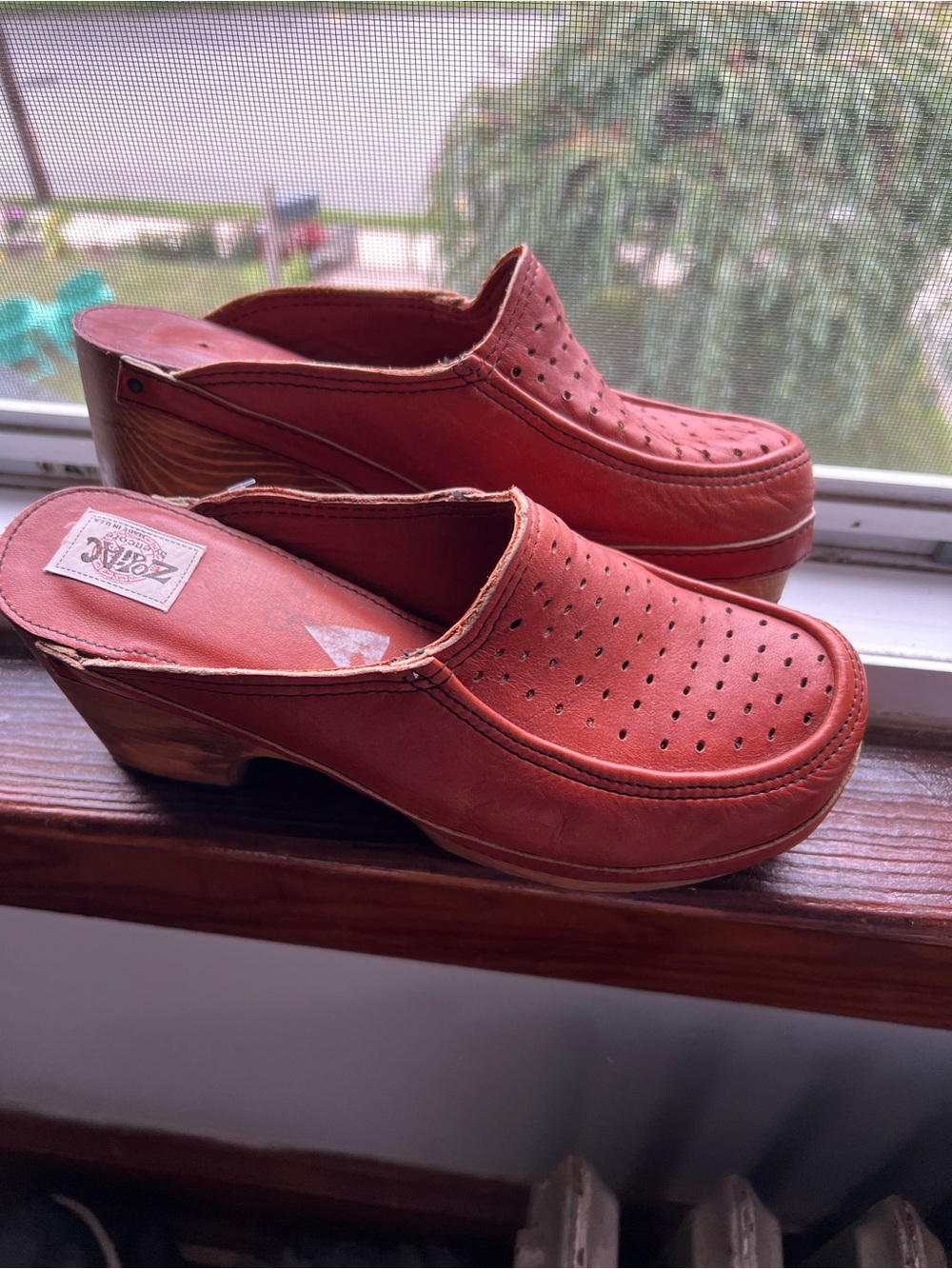 Vintage Zodiac Rust Red Perforated Leather Clog Mules